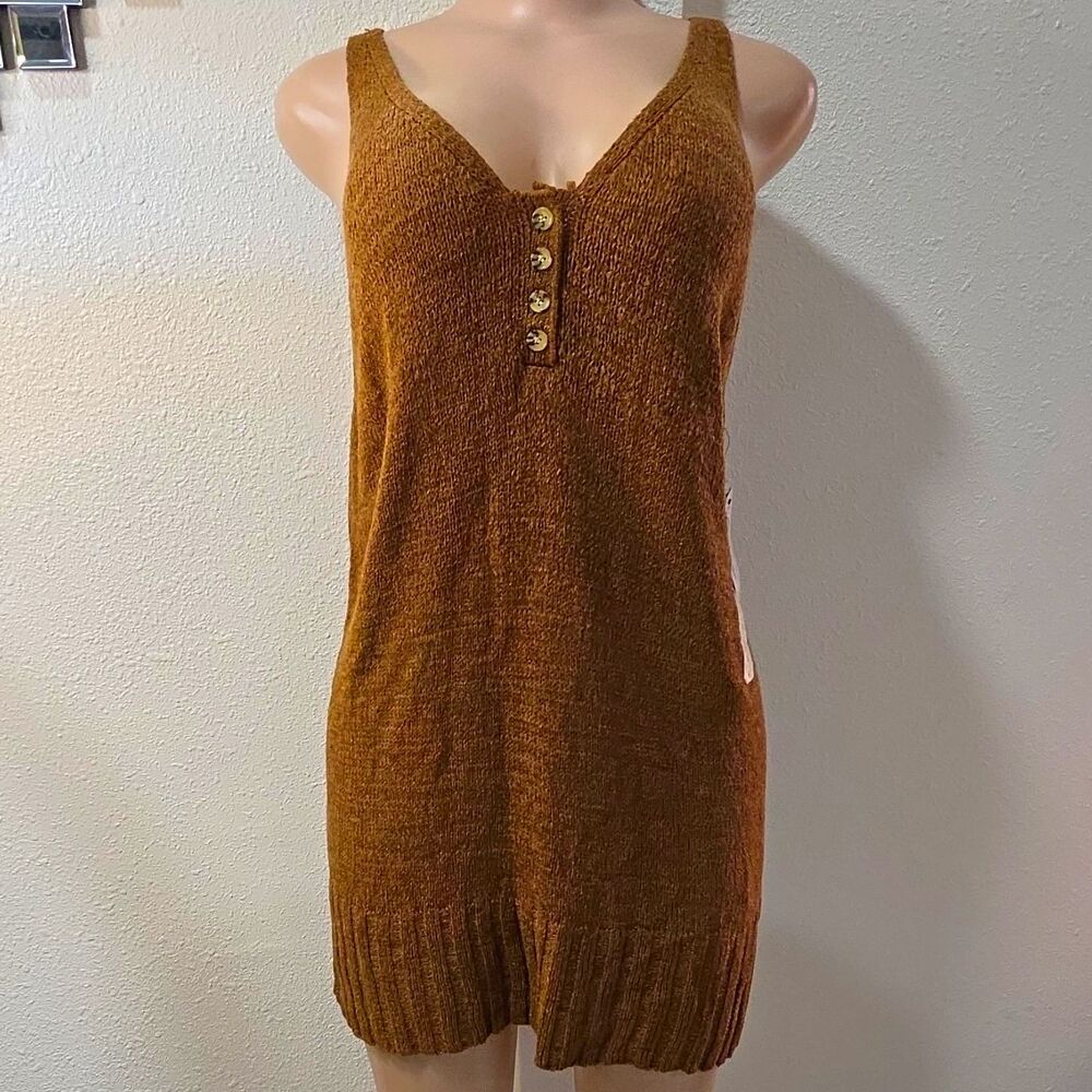 Worthington Brown Knit Sleeveless V-Neck Sweater Dress Button Accents L